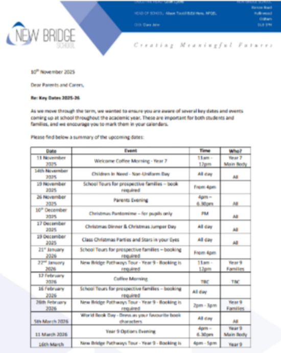 New Bridge School (Main Body - Roman Road) Key Dates for 2025-2026