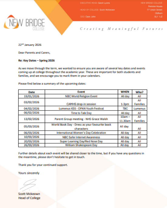 New Bridge College Key Dates - Spring 2026